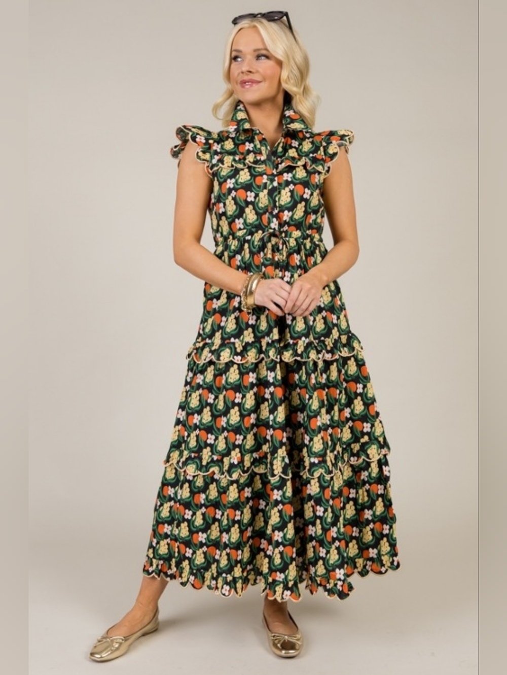 Scallop Trim Floral Maxi, Black - Picture 1 of 9